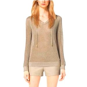 Michael Kors Lurex Metallic Mesh V-Neck Pullover Hoodie in Gold Khaki
